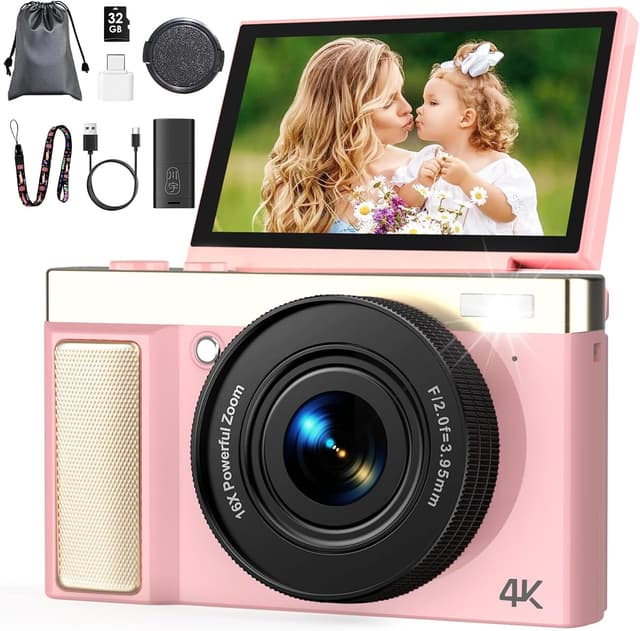 Detalle de 4K 64MP Digital Camera (Pink) with 32GB TF Card, 3" 180° Flip Screen, Autofocus & 16x Zoom