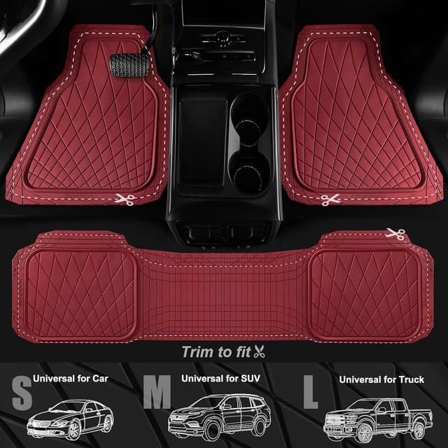 Thumbnail 6 de CAR PASS Heavy Duty Rubber Car Floor Mats (3-Piece) — Waterproof Universal Trim-to-Fit All-Weather in Burgundy Red