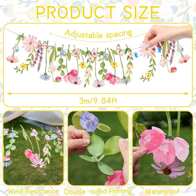 Detalle de SUNBEAUTY Wildflowers & Butterflies Paper Flower Garland for Spring Parties