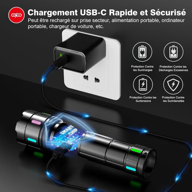 Detalle 2 de Shadowhawk Lampe Torche LED ultra puissante rechargeable (1 000 000 lumens) avec écran LCD