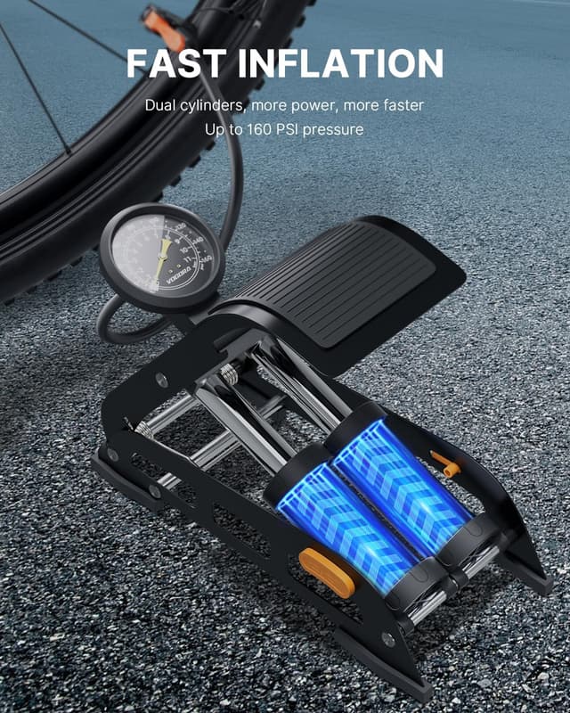 Detalle 2 de VOGORA Bike Foot Pump Double Barrel with Schrader & Presta Valves and 160PSI Gauge