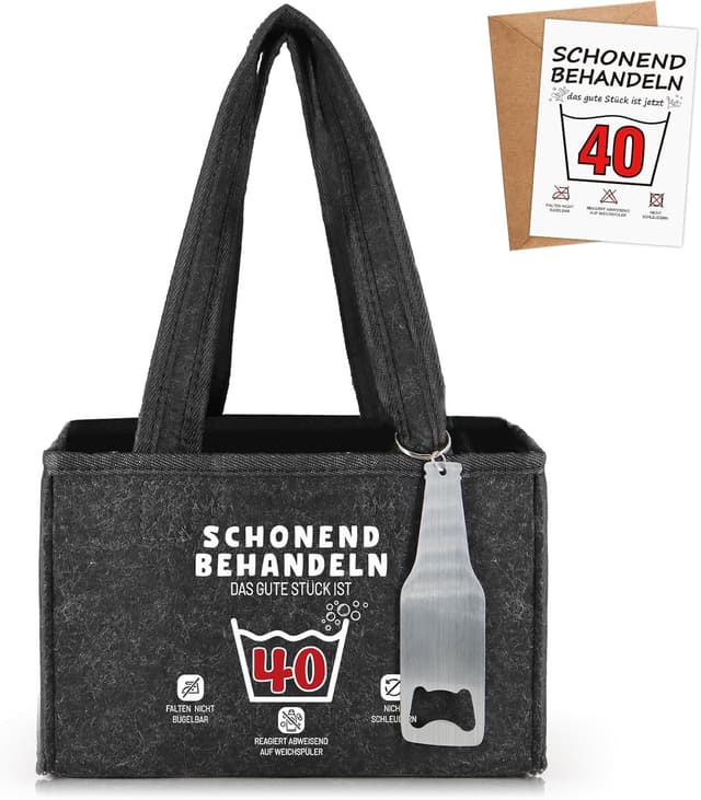 Detalle de WenmthG Bier-Geschenktasche zum 40. Geburtstag mit Flaschenöffner, Filz & Grußkarten für 6 Getränkeflaschen