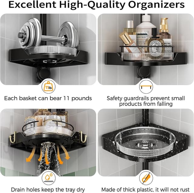 Detalle de shuang qing 360° Rotating Corner Shower Caddy Tension Pole Organizer (4-Tier Adjustable, Black)