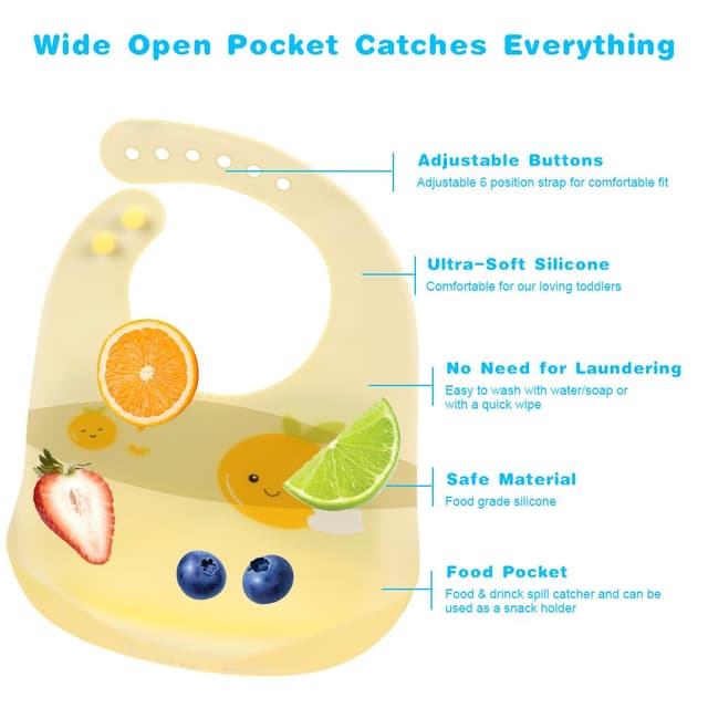 Detalle de Vicloon Silikon Baby Lätzchen (2er-Set) mit Auffangschale, 6 verstellbaren Druckknöpfen, BPA-frei – Bär & Kaninchen