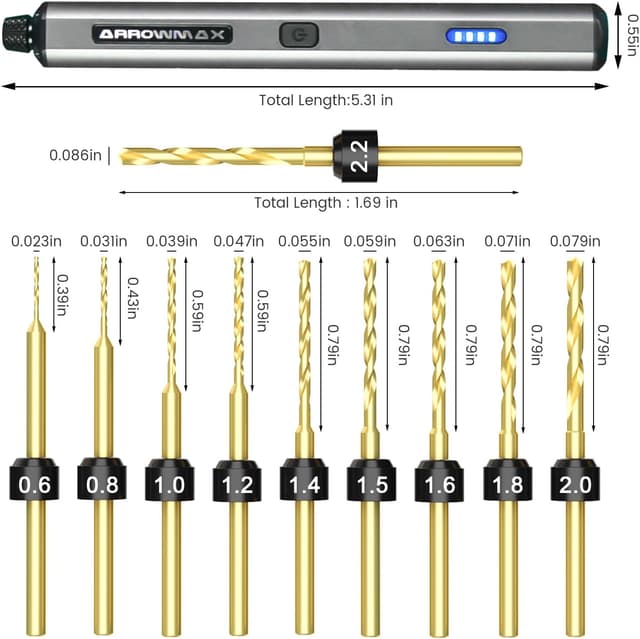 Detalle de ARROWMAX Mini penna trapano 13 in 1 ricaricabile con custodia in alluminio, 800 giri/min e 10 punte HSS