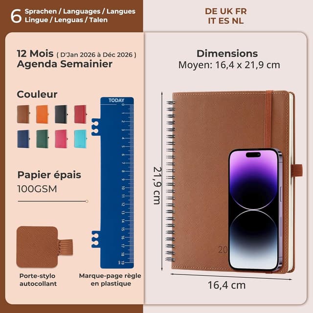 Detalle 2 de IN-LUXPRO Agenda 2026 semainier et carnet de notes A5 moyen (21,9 x 16,4 cm) en spirale, marron