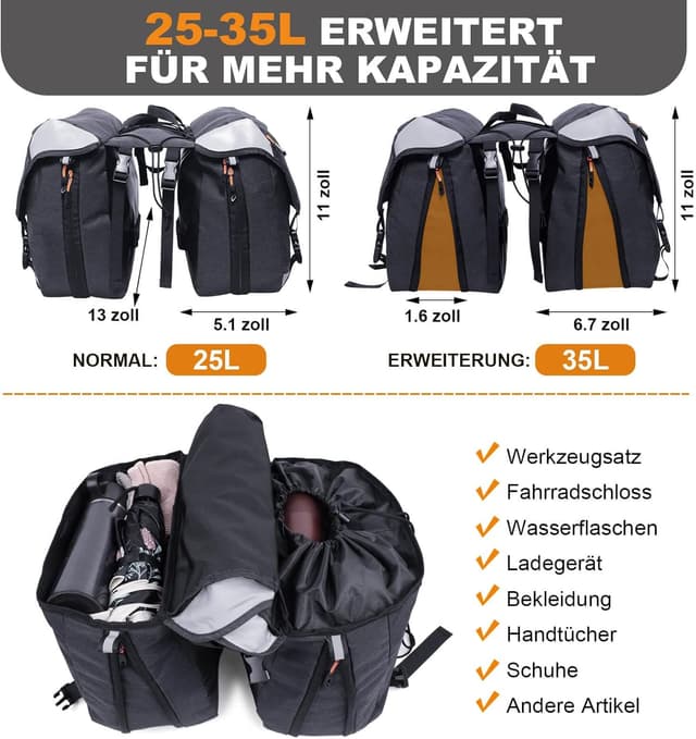 Detalle de NDakter Haltbarkeit Fahrradtaschen für Gepäckträger – Doppeltasche, 35 l wasserdicht, reflektierend, erweiterbar