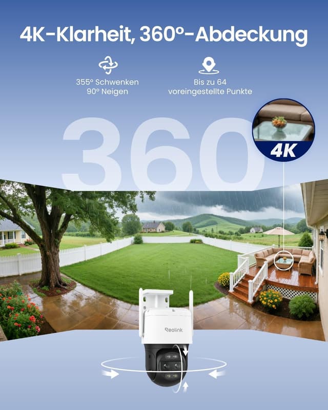 Detalle de Reolink 4K 8MP Wi‑Fi 6 PTZ Outdoor-Überwachungskamera mit Dual-Objektiv, Auto-Tracking und 30 m Farbnachtsicht