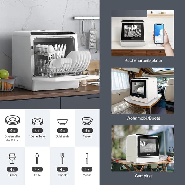 Detalle de BLITZHOME Mini Spülmaschine (6 Programme) mit App-Steuerung und 5-Liter-Wassertank – tragbarer Tischgeschirrspüler