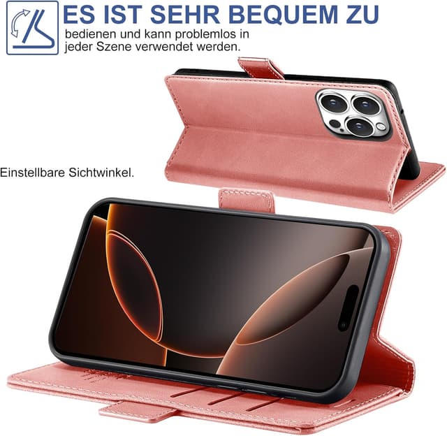 Detalle de Giyer Handyhülle für iPhone 16 Pro: Klapphülle mit Kartenfach, Schutzfolie und Standfunktion (Rosa)