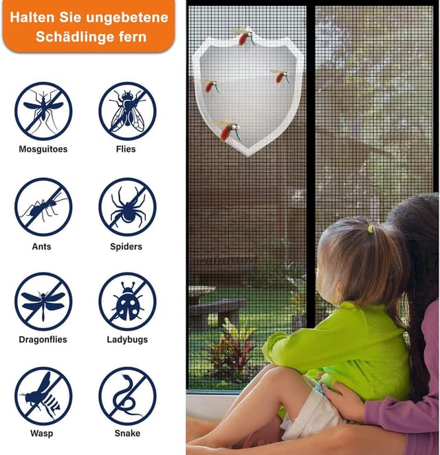 Detalle 1 de DIKER Fliegengitter Balkontür Magnet (90x210 cm) – flammhemmendes Insektenschutz-Gitter ohne Bohren, schwarz