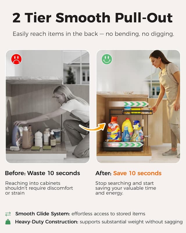 Detalle de Sevenblue 3-Pack Under Sink Organizer (Black) — Height-Adjustable 2-Tier Pull-Out Storage