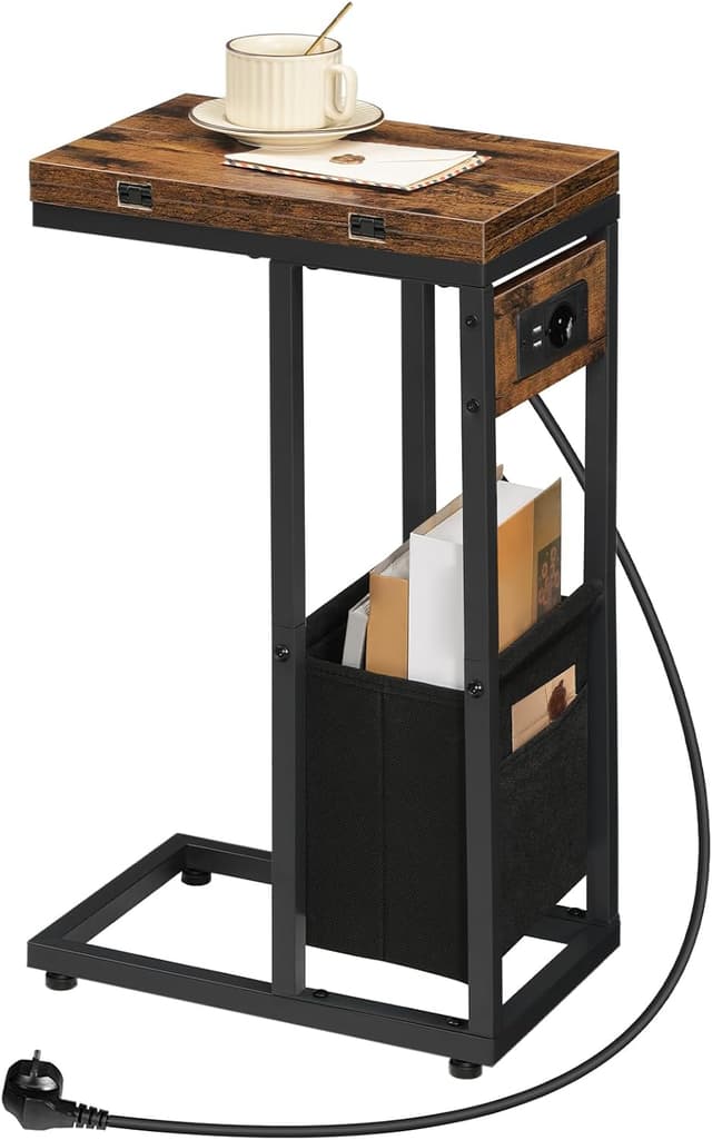 Detalle de HOOBRO EBF30CSF01 tavolino pieghevole a forma di C con stazione di ricarica (presa + 2 porte USB)