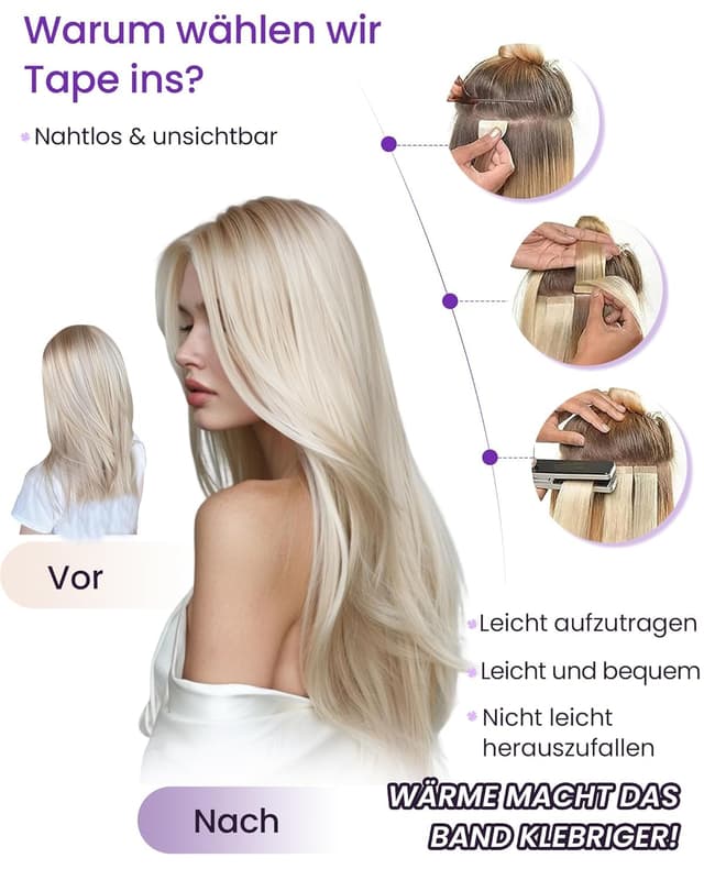 Detalle 2 de LaaVoo Tape Extensions Echthaar Schwarz 45 cm (20 Stück, 50 g) – Tape-in Echthaar für natürliche Längen