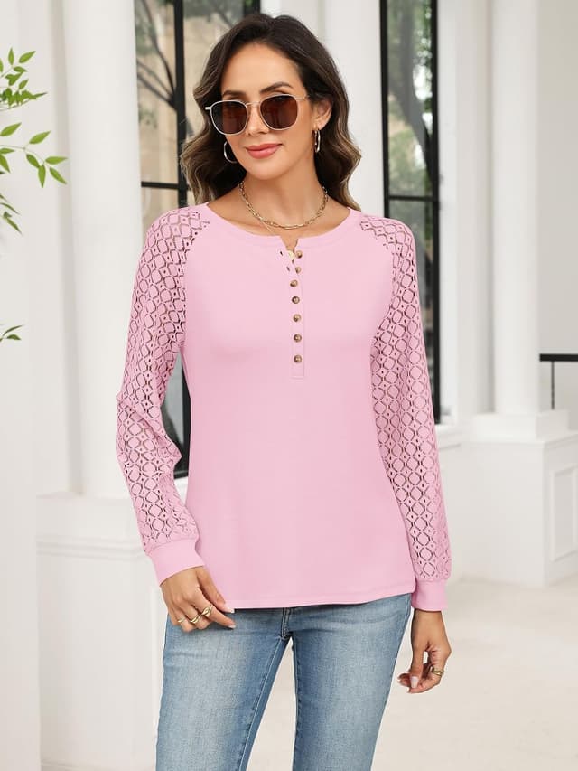 Detalle 2 de Minetom Women’s Lace Long Sleeve Henley Tops (Lace Sleeve Button-Down Casual Blouse)