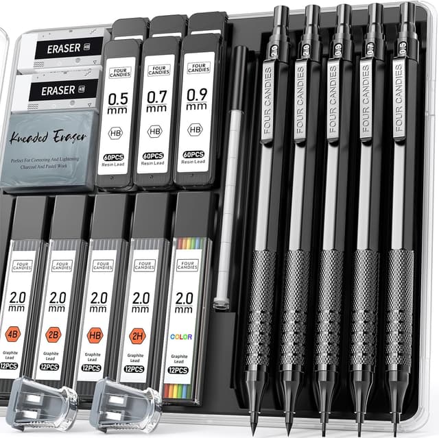 Detalle de Four Candies Metal Mechanical Pencil Set – 0.5, 0.7, 0.9 & 2.0mm Drawing Pencils with 420 Lead Refills