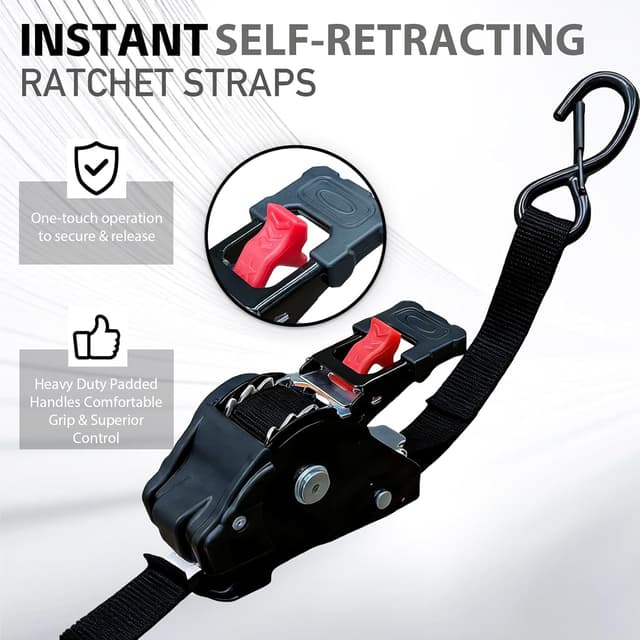 Detalle 2 de Retractable Ratchet Straps (2-Pack) 1 in x 11.5 ft, 1,800 lb break strength—Orange tie-downs for trucks and motorcycles