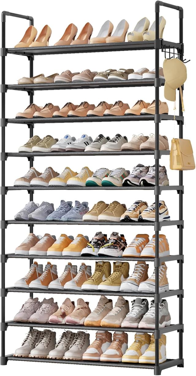 Detalle de Kitsure 10-Tier Shoe Rack for Closet with Hook Rack (Black) — Space-Saving Shoe Organizer