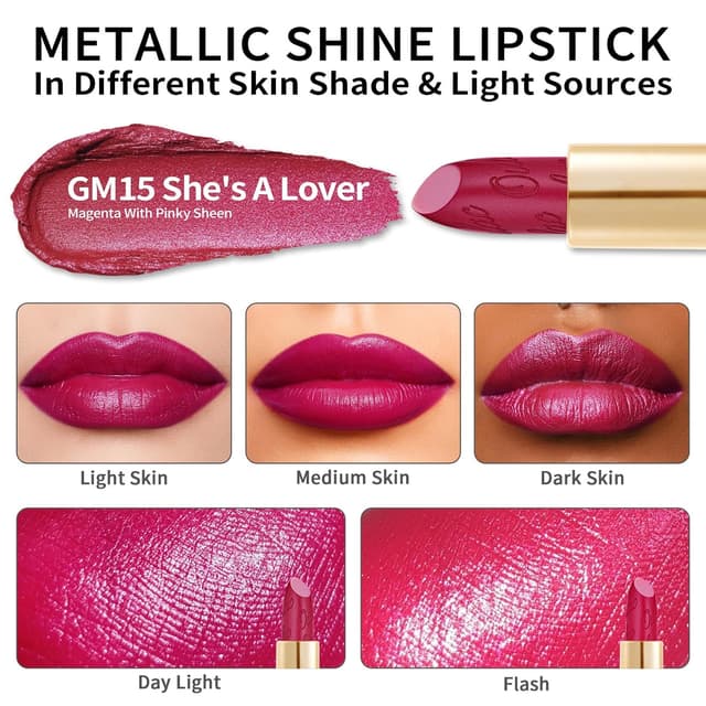 Detalle de OULAC Lippenstift Metallic Glanz Finish – Magenta-Rosa „She’s A Lover“, veganer Lippenstift mit Glitzer-Perlglanz (4,3 g)