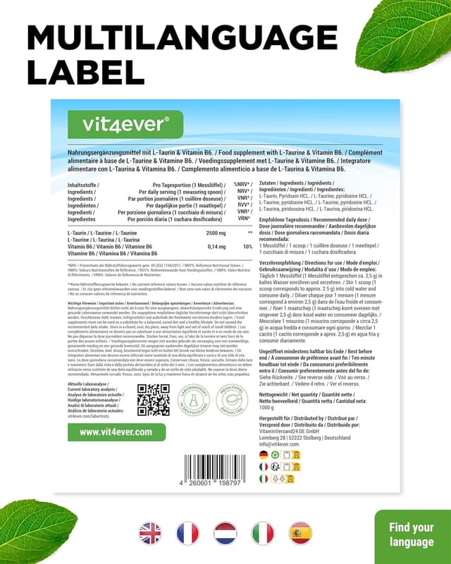 Detalle 2 de vit4ever Taurin Pulver 1.000 g (1 kg) – 99% rein, vegan, mit Dosierlöffel