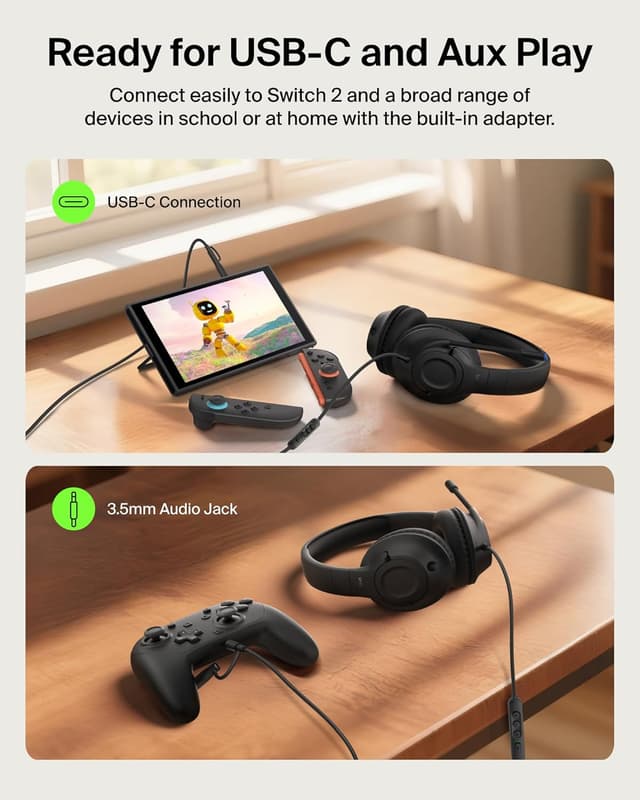 Detalle 2 de Belkin Gaming Inspire Kids Wired Headphones with USB-C Dongle (85dB safe volume limit) – Black