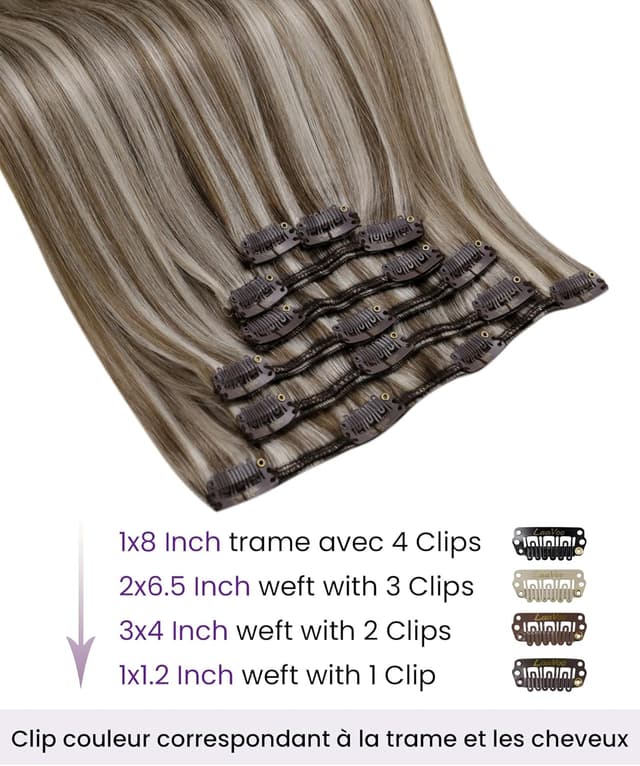 Detalle de LaaVoo Extension Cheveux Naturel Clip Brun Balayage Platine – 7 pcs, 45 cm
