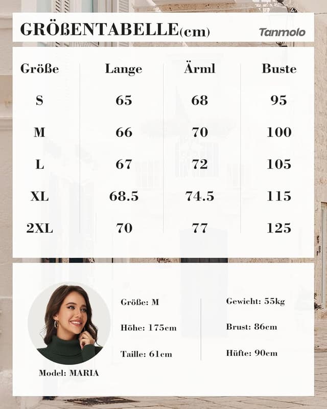 Detalle de Tanmolo Damen Rollkragenpullover mit Lochmuster-Ärmeln – Langarm Strickpullover für Winter & Übergang