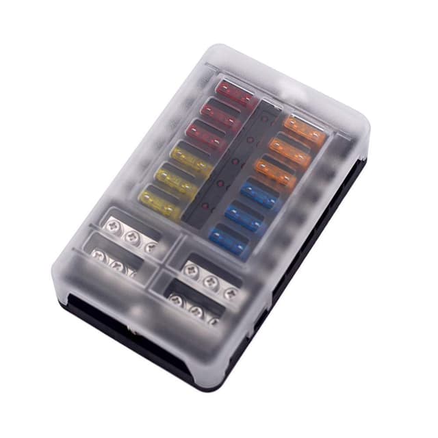 Detalle de Offgridtec 12-fach Sicherungshalter mit LED-Anzeige, LED-Fehlererkennung und PBT-Gehäuse (inkl. 24 Flachsicherungen)