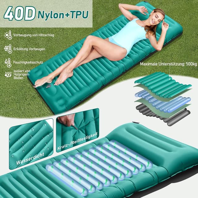 Detalle 1 de JEMULICE Isomatte Camping 12 cm ultradick mit Fußpumpe – ultraleicht & kleines Packmaß für Zelt und Wandern