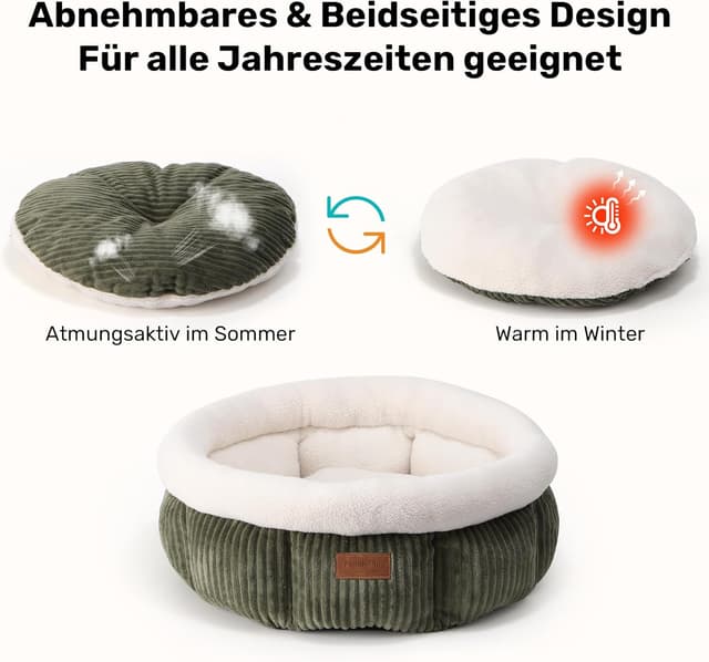 Detalle de FUKUMARU Katzenbett waschbar 48 x 48 x 20 cm – Plüsch-Katzenkorb mit erhöhtem Rand, grün