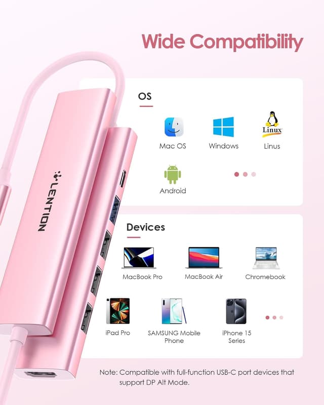 Detalle de LENTION USB-C Hub Multiport Adapter (100W PD, 4K HDMI, USB 3.0 + 3× USB 2.0) for MacBook, Chromebook & iPhone