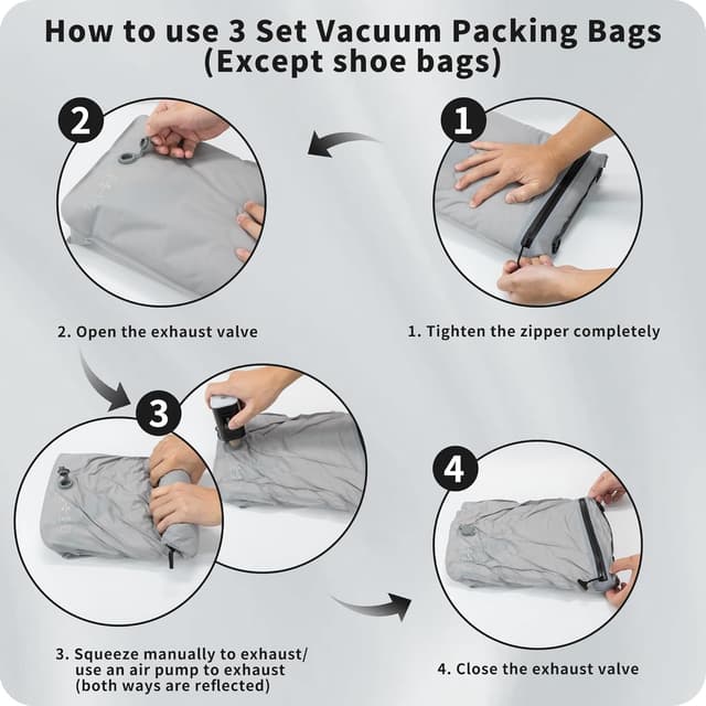 Detalle 2 de EULANT Compression Packing Cube Set: 3 Vacuum Bags + Shoe Bag for Waterproof, Airtight Packing