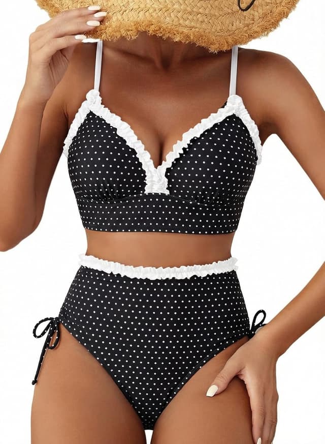 Detalle de Herseas Women’s Splice Ruffle Trim Tie-Side High-Waisted Bikini Set