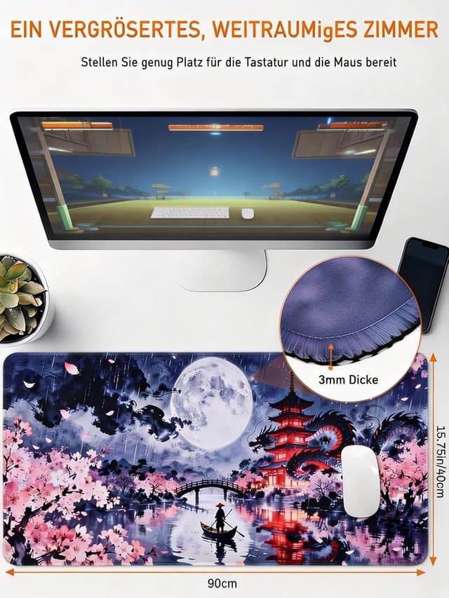 Detalle 2 de XXL Gaming-Mauspad mit Anime-Japan-Kunst (900×400 mm) – rutschfeste Unterseite & 3 mm Dicke