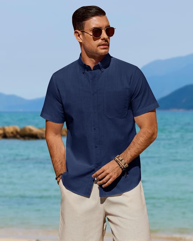 Detalle 2 de J.VER Leinenhemd Herren Kurzarm – Regular Fit Button-Down mit Brusttasche für Sommer & Freizeit