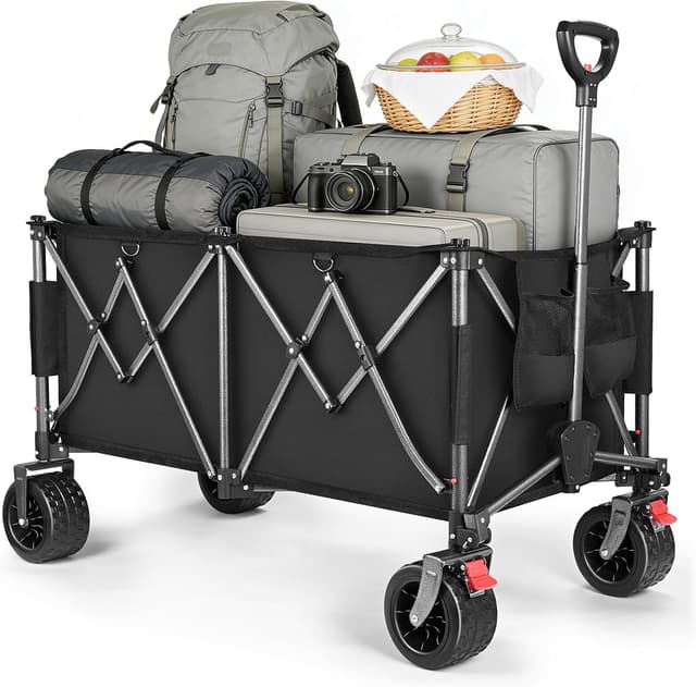 Detalle de YEAUPE PRO Carrello pieghevole da spiaggia e campeggio da 150 kg, 260 L (nero) con doppi freni anteriori