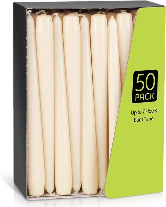 Detalle de Ivory taper dinner candles gift set – dripless 7-hour, unscented (50 pack)
