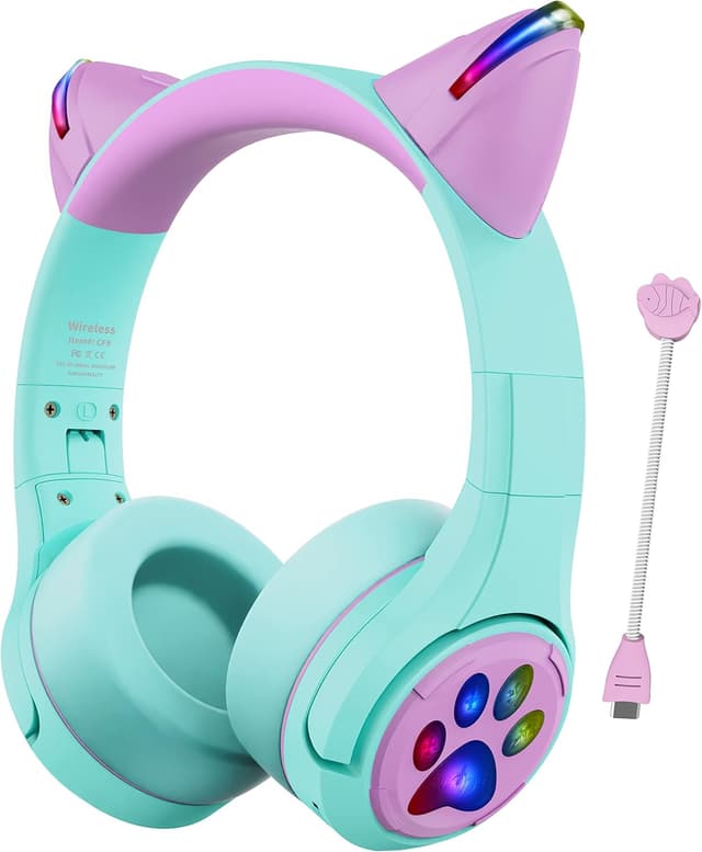Thumbnail 6 de Riwbox Kids Bluetooth Headphones CF9 with Cat Ear LED Lights, Detachable 360° Boom Mic and 85dB Limit (blue & green)