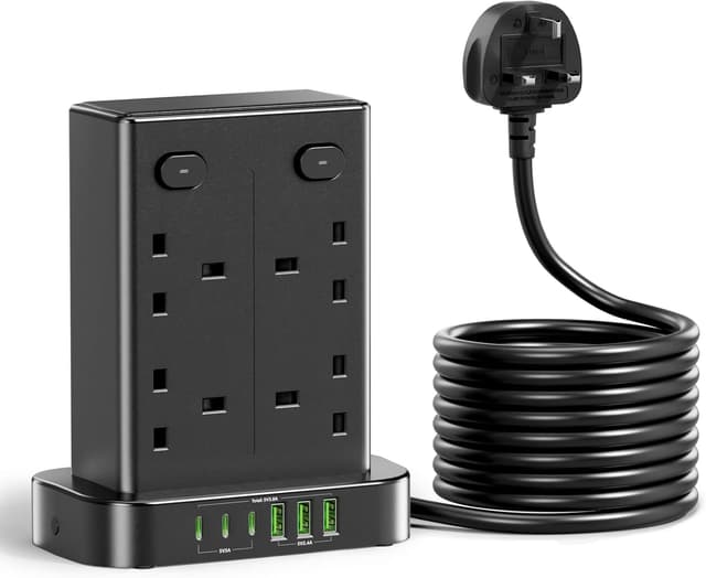 Detalle de 3M Tower Extension lead with USB C slots: 8 AC outlets and 6 smart USB ports, 3m tower plug socket