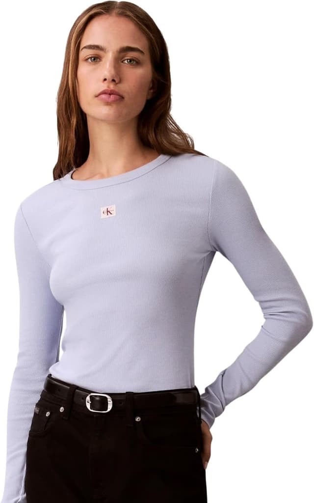 Detalle de Calvin Klein LS Woven Label 2x2 Rib Crew Top da donna