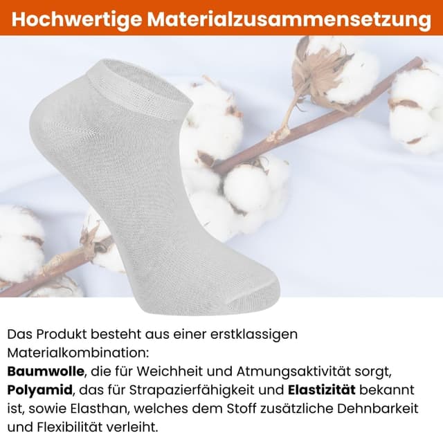 Detalle 2 de Sneaker Socken Herren & Damen – Premium 10 Paar Sneaker-Socken aus Baumwolle (kurz), Schwarz/Weiß/Grau