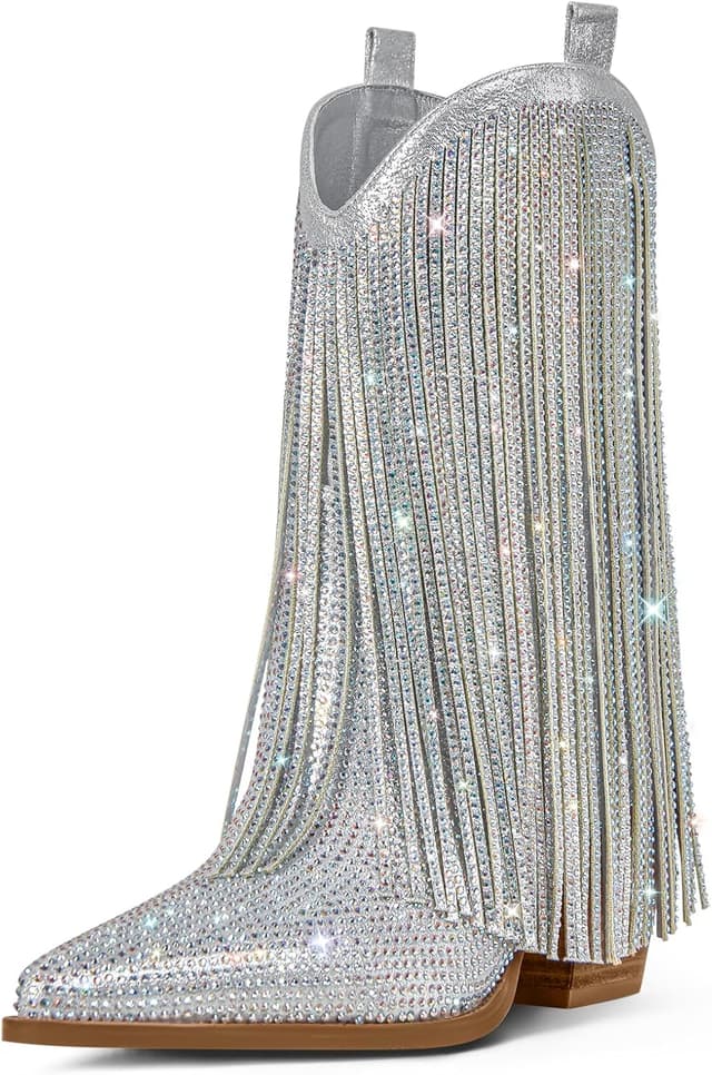 Detalle de Ouepiano Cowboy Boots for Women Western Rhinestone & Sparkly Fringe Pull-On (Wide Calf)