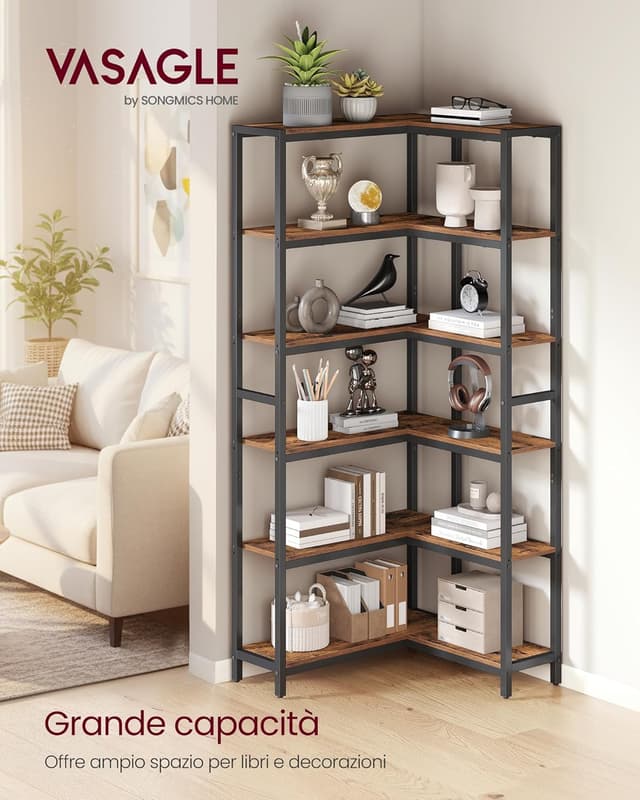 Detalle de VASAGLE Libreria angolare a 6 ripiani LLS606K01, stile moderno, marrone vintage e nero inchiostro