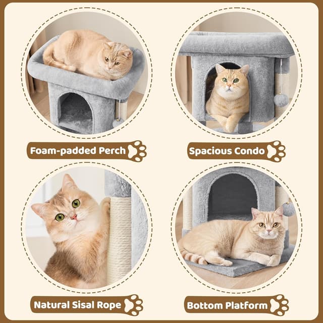 Detalle 2 de Yaheetech 50cm Basic Cat Tree Tower (Light Grey) with Oversized Perches, Condo & Hanging Ball