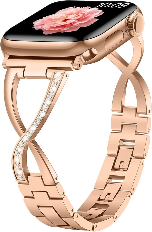 Detalle de Sixmoat Metal Straps Bling X-Shape Bracelet for Apple Watch (Rose Gold) – compatible with 38/40/41/42/44/45/46/49mm