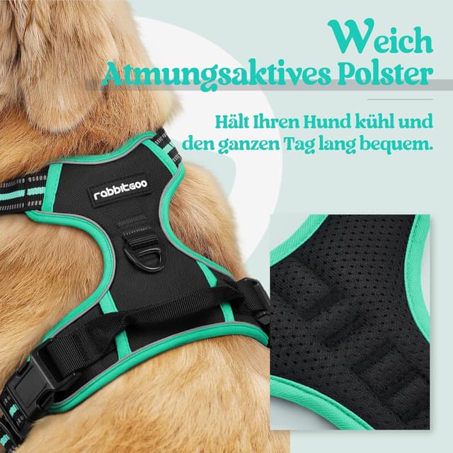 Detalle de rabbitgoo Hundegeschirr Größe XL mit Anti-Zug & Schnellverschlüssen – verstellbar, atmungsaktiv und mit Reflexstreifen (schwarz & grün)