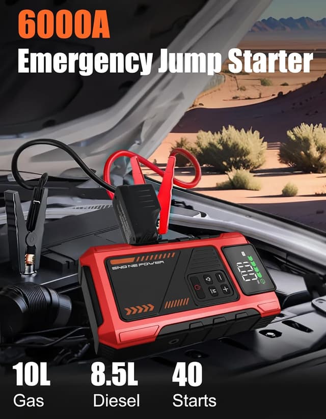 Detalle 2 de Eigotrav 6000A Jump Starter Power Pack with 150 PSI Air Compressor (12V, LCD, LED light, 10L petrol / 8.5L diesel)