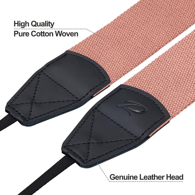 Detalle de Padwa Lifestyle Pink Camera Strap (2 inch) — cowhide head & woven cotton camera & binocular strap
