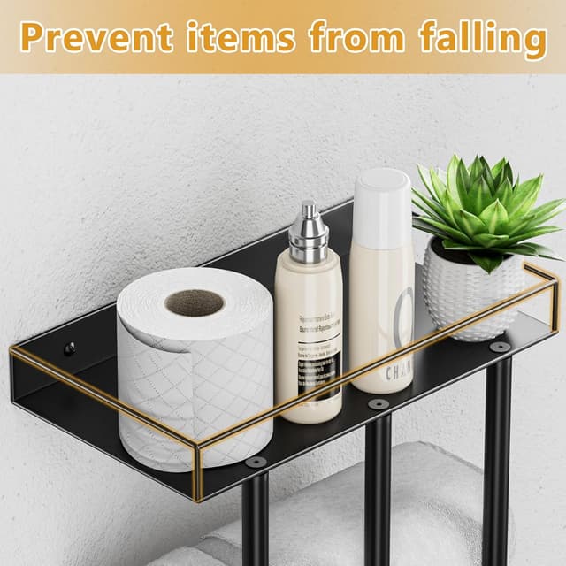 Detalle 2 de Ovicar Handtuchhalter für Badezimmer (Wandmontage) mit Metallregal und 3 Haken – schwarz