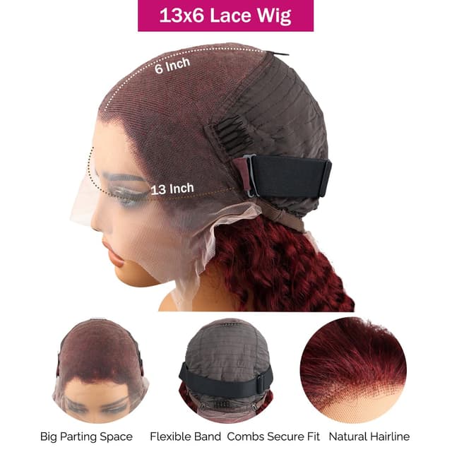 Detalle de bobili 30 Inch 99J Burgundy Deep Wave 13x6 HD Lace Front Human Hair Wig